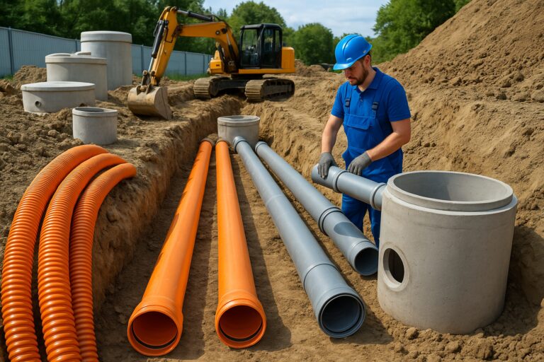 Kanalbau und Leitungsbau, Installation von Leerrohren, Gasrohren, Abwasserkanälen
